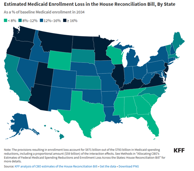 Map of the united states with estimated medicaid enrollment loss